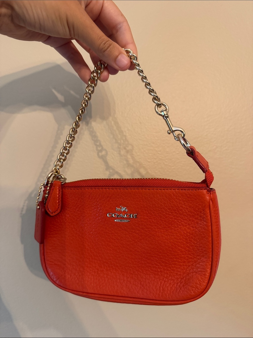 Coach Small Pebbled Leather Wristlet in Red with Gold Chain